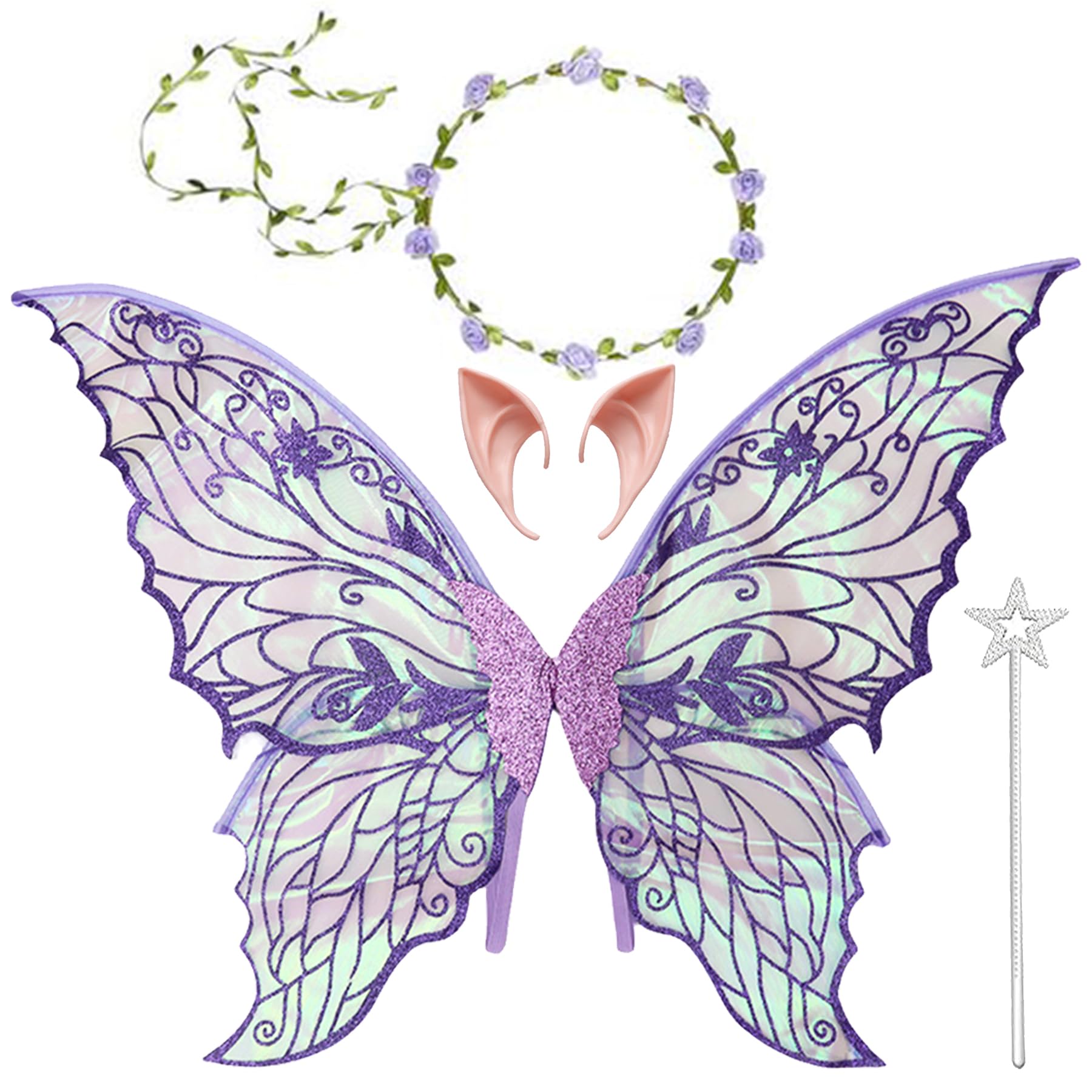 Luminose ali di Fata a Led, ali di Farfalla con Orecchie da Elfo, Cerchietto da Fata a Led e Bacchette di Fata a Stella, ali di Farfalla, Ali da Principessa, Costume da
