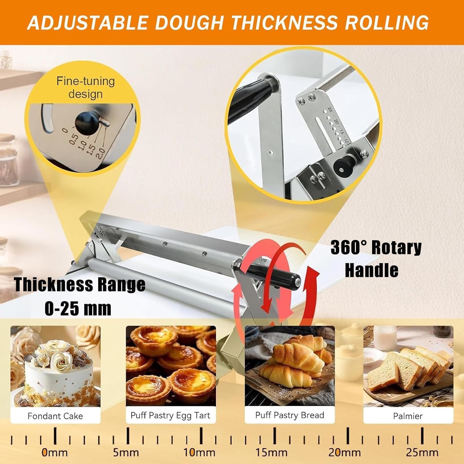 Laminator do makaronu Croissant, profesjonalna przecinarka rolkowa, maszyna do makaronu o regulowanej grubości od 0 do 25 mm, stal nierdzewna, przecinarka stołowa do rogalików,