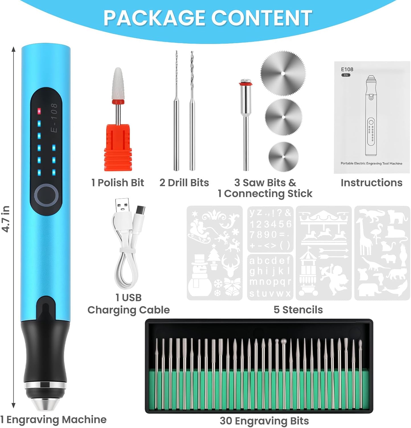 Electric Engraving Pen with 37 Bits for Wood Glass Stone Carving (Blue) image 3
