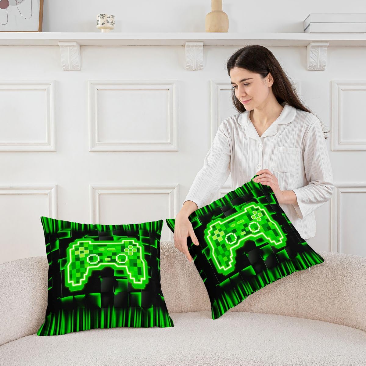 Boy Gamepad Throw Pillow Covers (Pack of 2),Neon Geometric Checkered Cushion Cover for Kids Girls Teens Pixelated Video Games Pillow Cases Black Green Gaming Living Room Sofa Bed Decor ,18"Lx18"W image 3