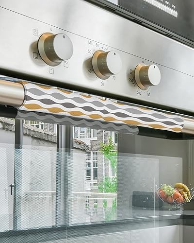 Miniatura 5 de Juego de 2 fundas geométricas para manijas de puerta de refrigerador, diseño geométrico y gris, color amarillo, gris, mantiene el aparato de cocina