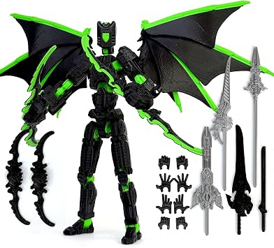 3D Printed T13 Robot Action Figure Assembled, Fully Movable Joints Swap Hands Weapons Posing Play,3D Printed Toys for Boys Black Green, 5.2Inches