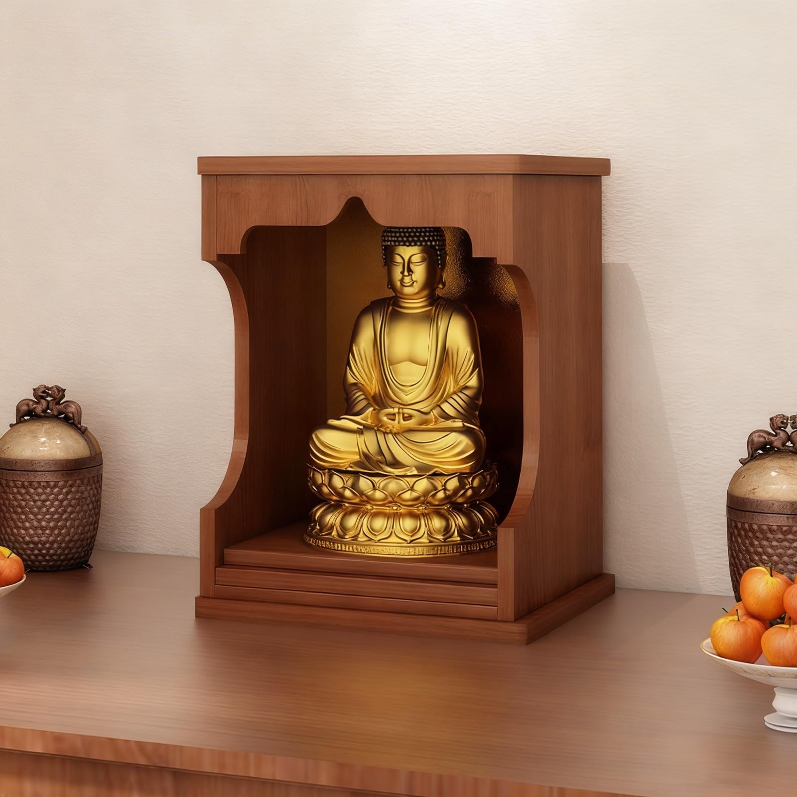 JNTFNE Buddha Altar Shelf, Shrine Buddhist Table, Wood Meditation & Pooja Table with Storage, Prayer Niche Incense Desk, for Wealth God, Guanyin, Statue(Red,23x19.5x31cm)