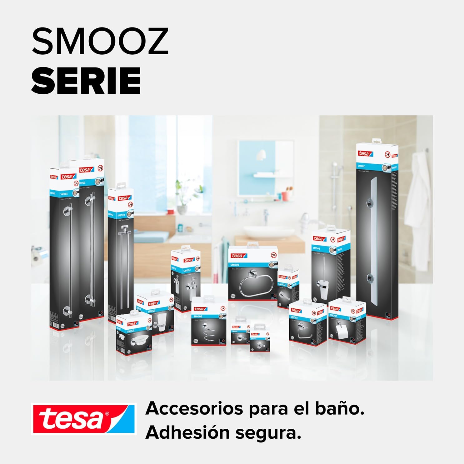 tesa Estante de Cristal para Baño SMOOZ - Estante de Cristal Satinado y Metal Cromado - Inoxidable - Resistente al Agua - Incluye Solución Adhesiva de Montaje