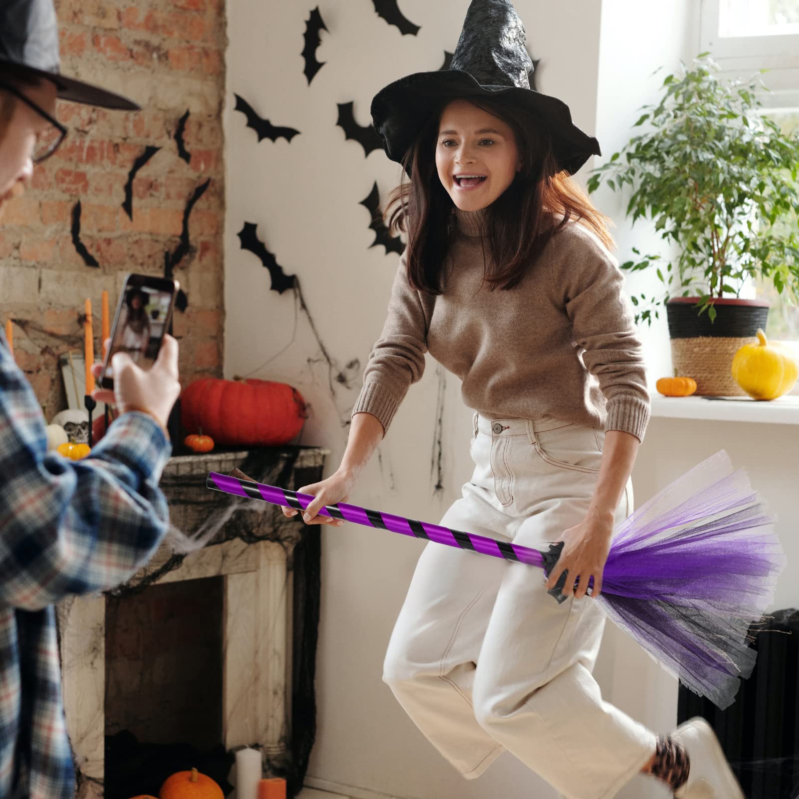 Gogogmee 2pcs Mesh Witch's Broom Witches Broomstick Broom Stick Costume Halloween Witch Decorations Wedding Broom for Jumping The Broom Ceremony Broom Halloween Prom Props Plastic