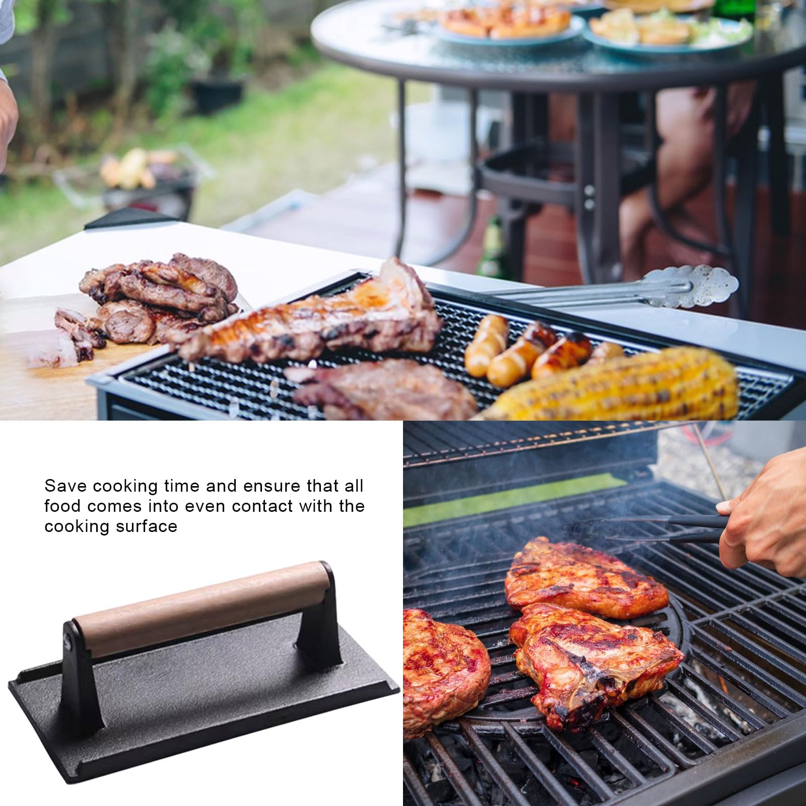 Heavy Duty Burger Press, 8.2"X4.3" Rectangle Cast Iron Smash Meat Steak with Wood Handle for Flat Top Griddle Grills, Sandwich, Nonstick Pan