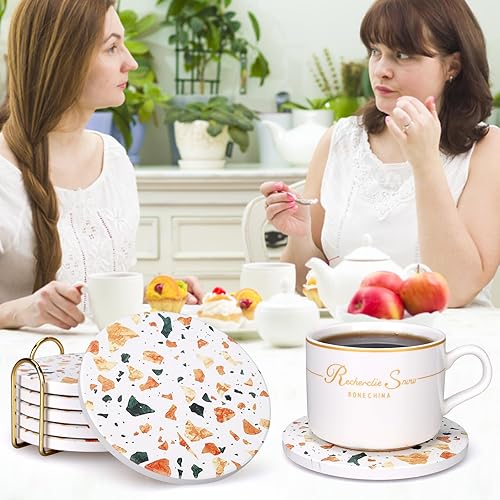Miniatura 6 de 6 posavasos de cerámica estilo terrazo con soporte, los mejores posavasos redondos absorbentes para escritorio, salón, café, bebida, vino, bebidas,