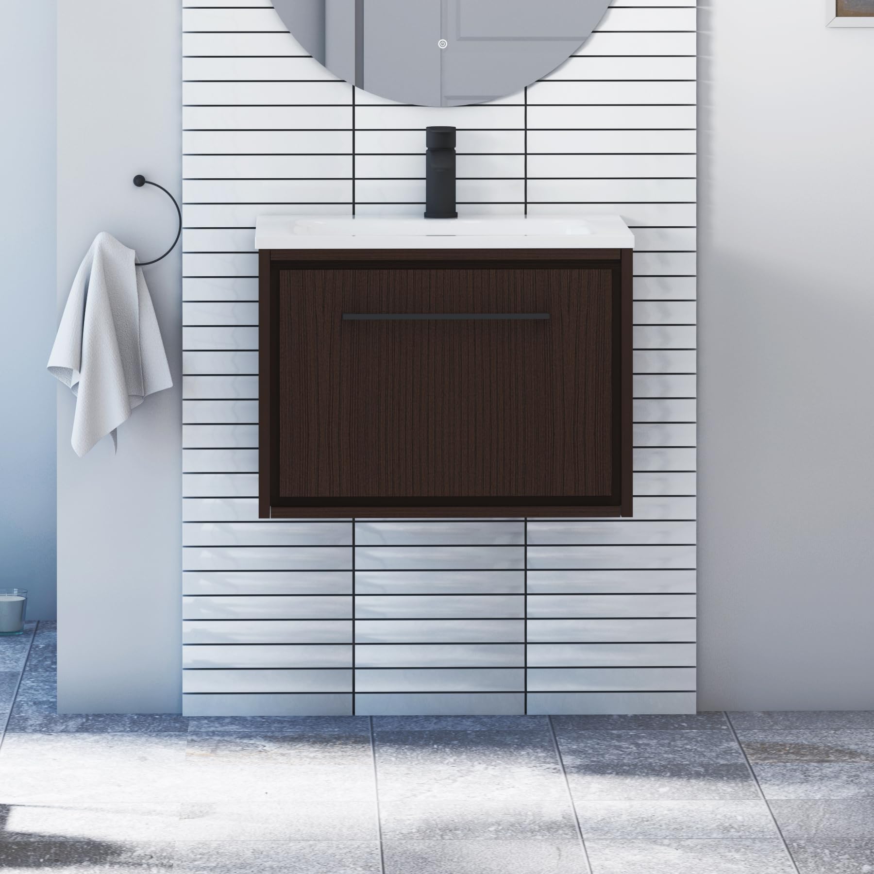 Royal Bathrooms 600mm Wall Hung Bathroom Vanity Unit Stone Basin 1 Drawers Storage Cabinet Furniture - Walnut Woodgrain with Matt Black Handle