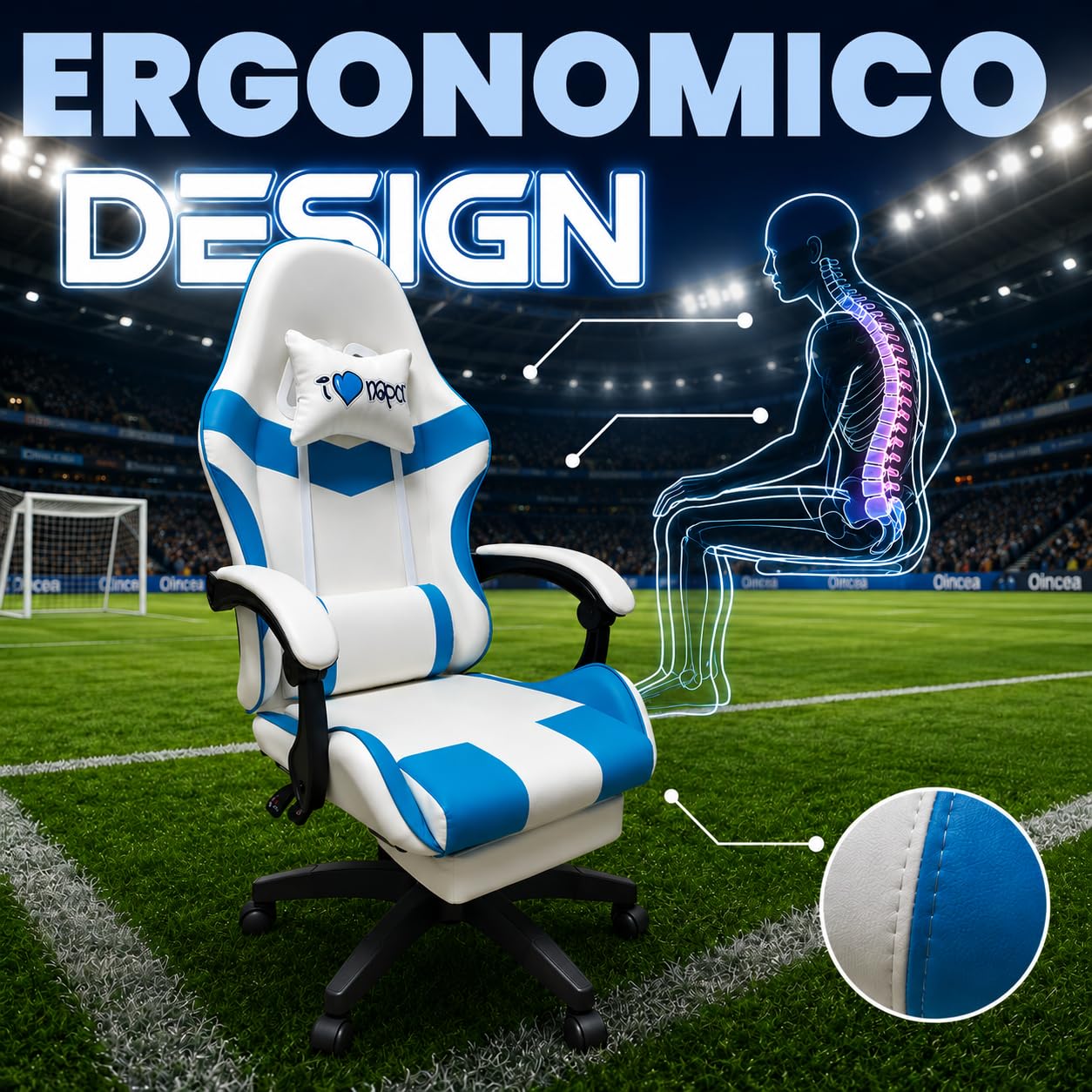Sedia Gaming Ergonomica I Love Napoli Reclinabile con Cuscini Schienale 90°-135°, altezza regolabile, rotazione 360°, supporto lombare, poggiapiedi, cuscino collo, ruote, gaming e ufficio