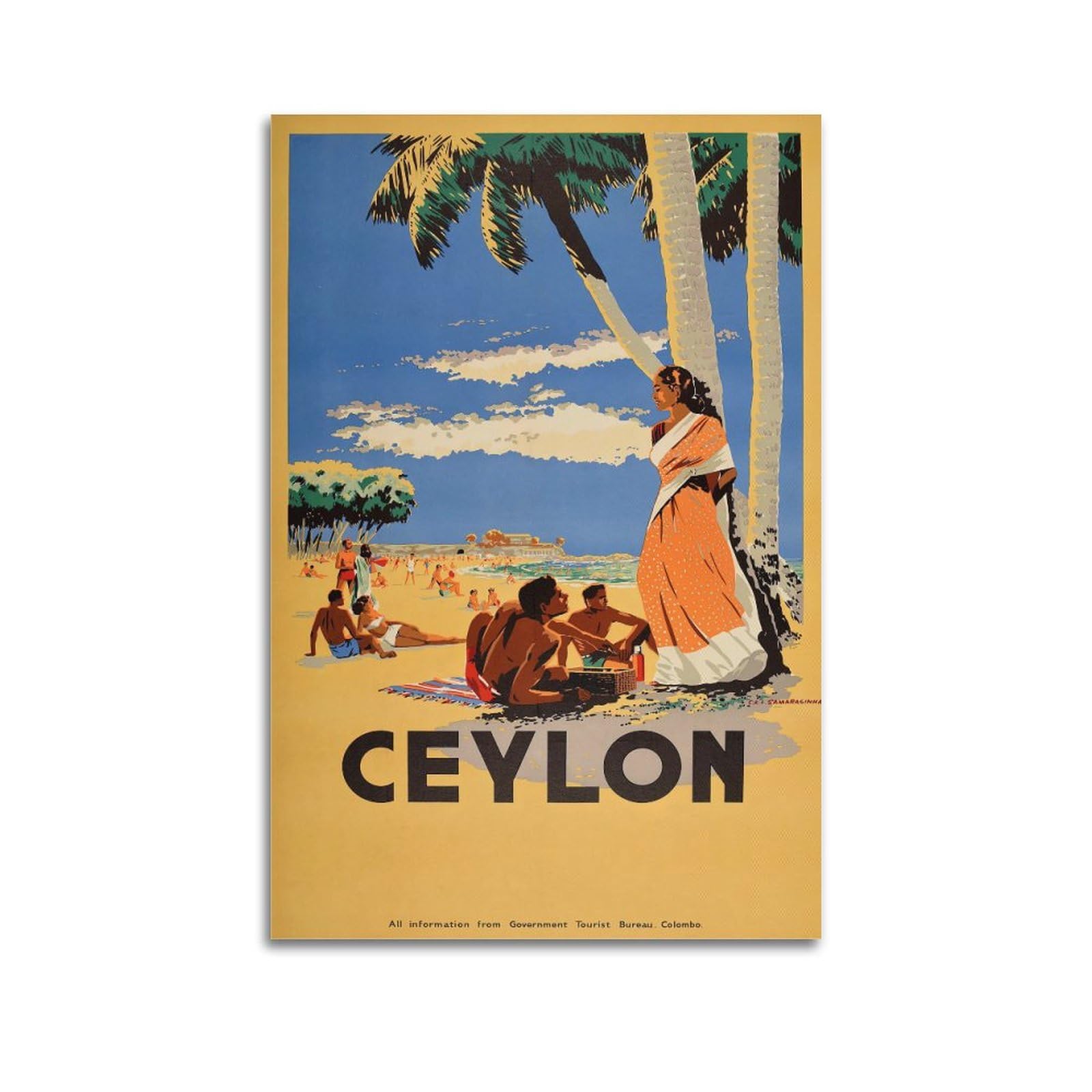 Fyrn Unframe-Style Vintage Travel Ceylon Sri Lanka Illustration Poster Wall Art Print Retro Aesthetic Room Decor Office Decorations 20X30inch(50X75cm)