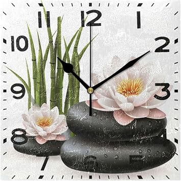 Moderate 8 Inch Square Wall Clock, Spa Zen Stones Bamboo Flowers Non Ticking Battery Operated Analog Quiet Desk Desk Clock,Ideal for Home,Kitchen,Office,School,Library,Study