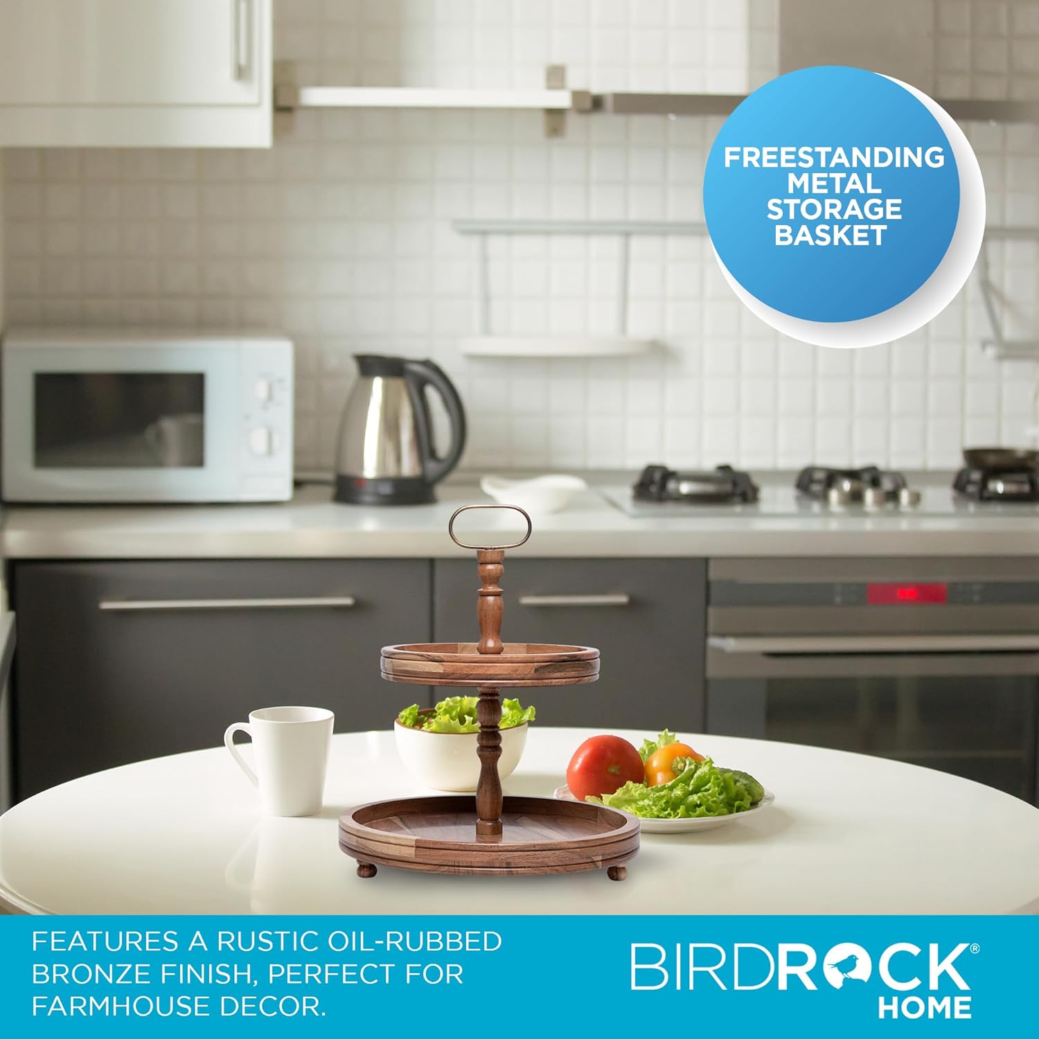 BIRDROCK HOME 2-Tier Farmhouse Serving Tray with Handle - Decor Display - Wood Iron Serving Cupcake Stand - Rustic Dessert Stand - Modern Party Tiered Server - Table Kitchen Home Display