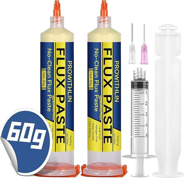 Prowithlin Flussmittel Löten, 60ml, 2 Stück Lötpaste mit 2 Nadeln, 1 Drücker & 1 Spritze - 60g No Clean Lötzinn mit Flussm...