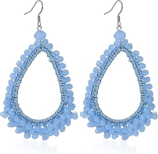Handwoven Braided Thread Beads Teardrop Dangle Earrings for Women Ethnic Bohemian Crystal Chandelier Drop Earrings Boho Statement Jewelry