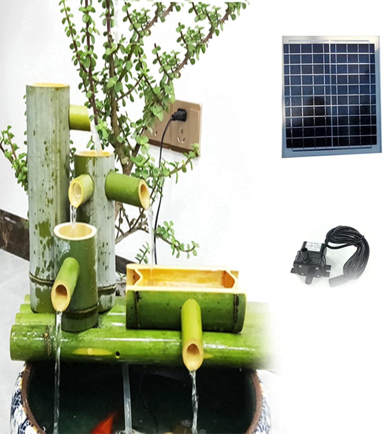 Solar Fountain,Primary Color No Water Wheel Type Bamboo Flow Device Fish Tank Filter Flow Water Landscape Decoration,55Cm Ornaments Decoration,Yellow 80cm