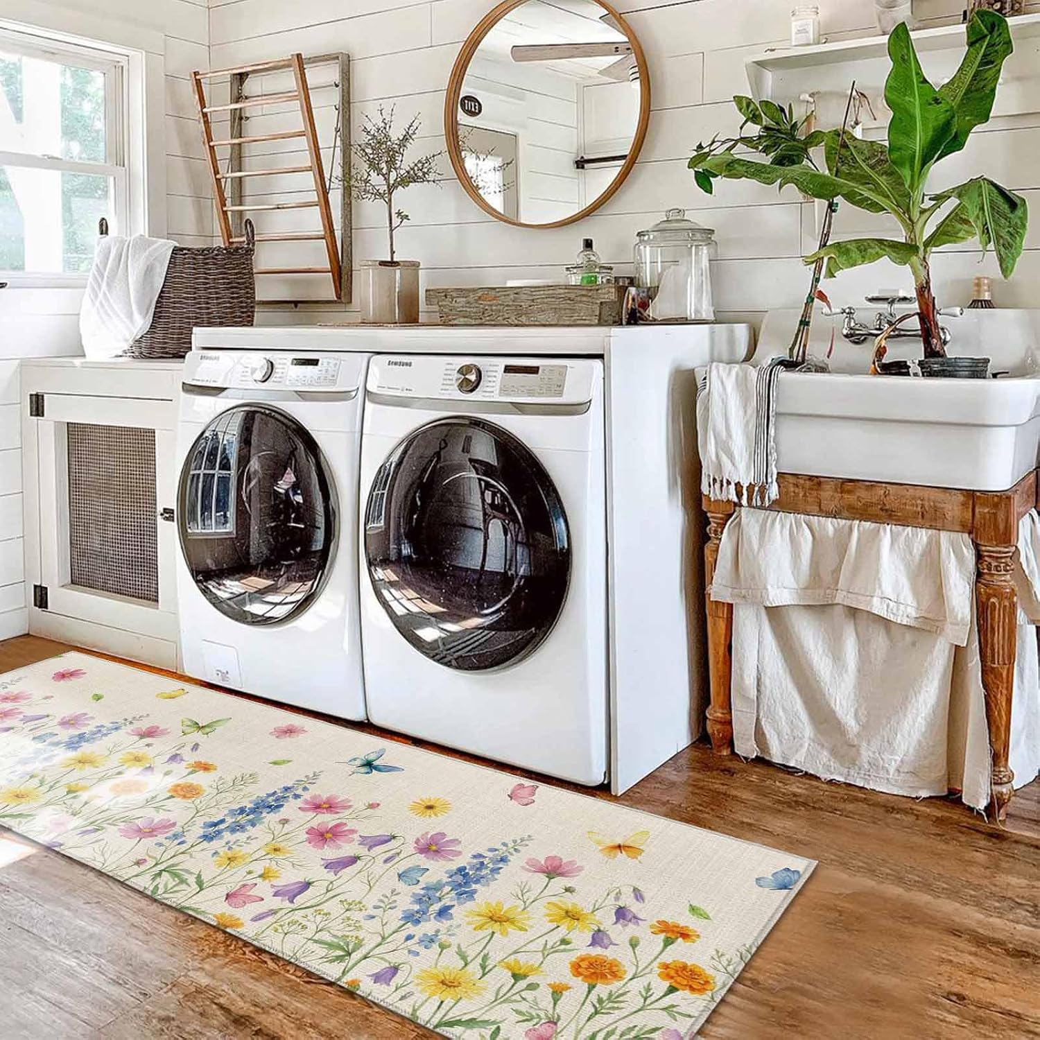 Kitchen Mats for Floor Country Colorful Flower Butterfly Washable Non Slip Kitchen Rugs 2PCS, Pastoral Plant Retro Linen Absorbent Standing Mats for Sink Office Living Room 15.7x23.6in+15.7x47.2in
