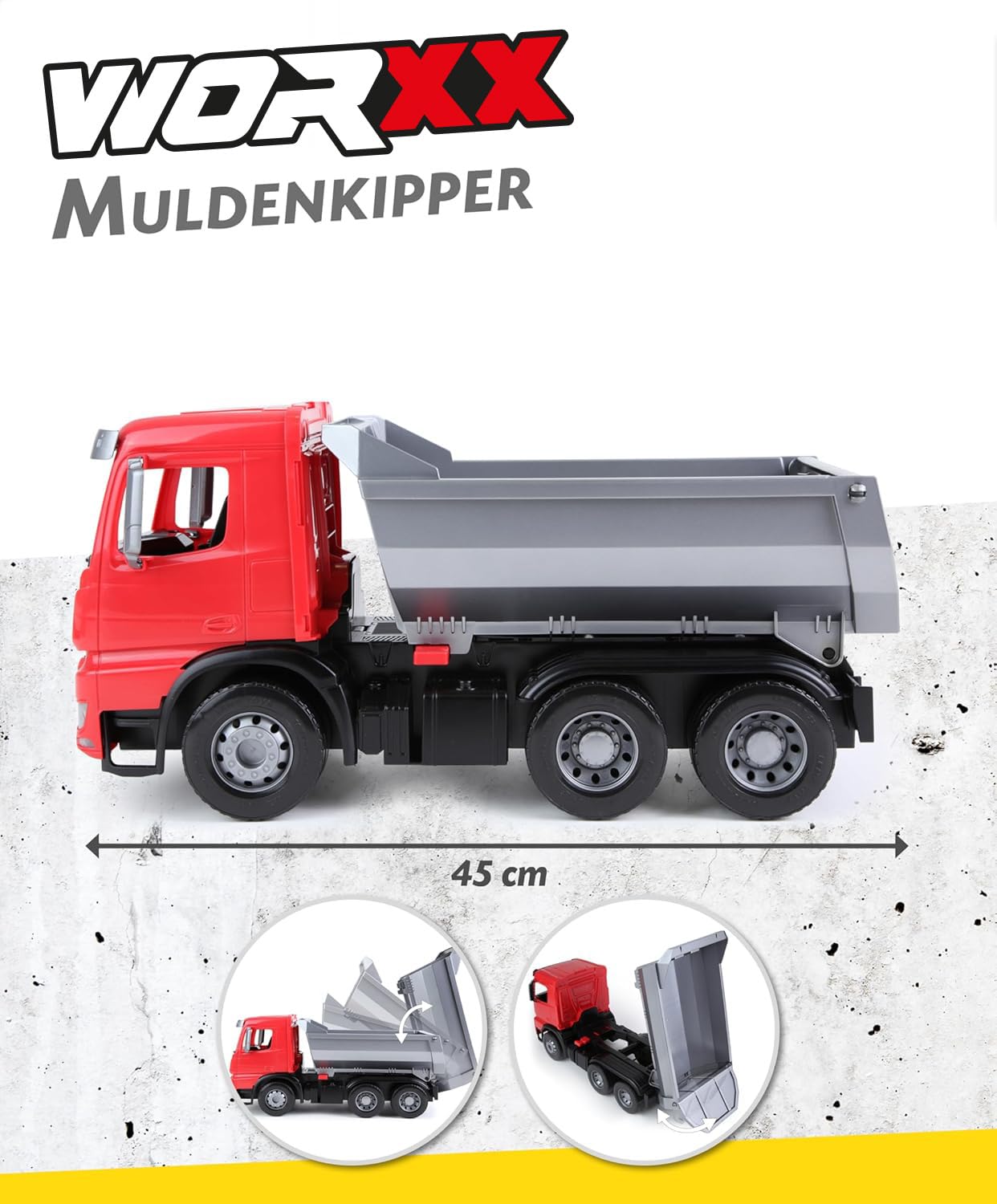 Lena 04610 - Worxx Muldenkipper Mercedes Benz Arocs, ca. 45 cm, Baustellen Spielfahrzeug für Kinder ab 3 Jahre, robuster Kipper LKW mit verriegelbarer Kippmulde und beweglicher Heckklappe