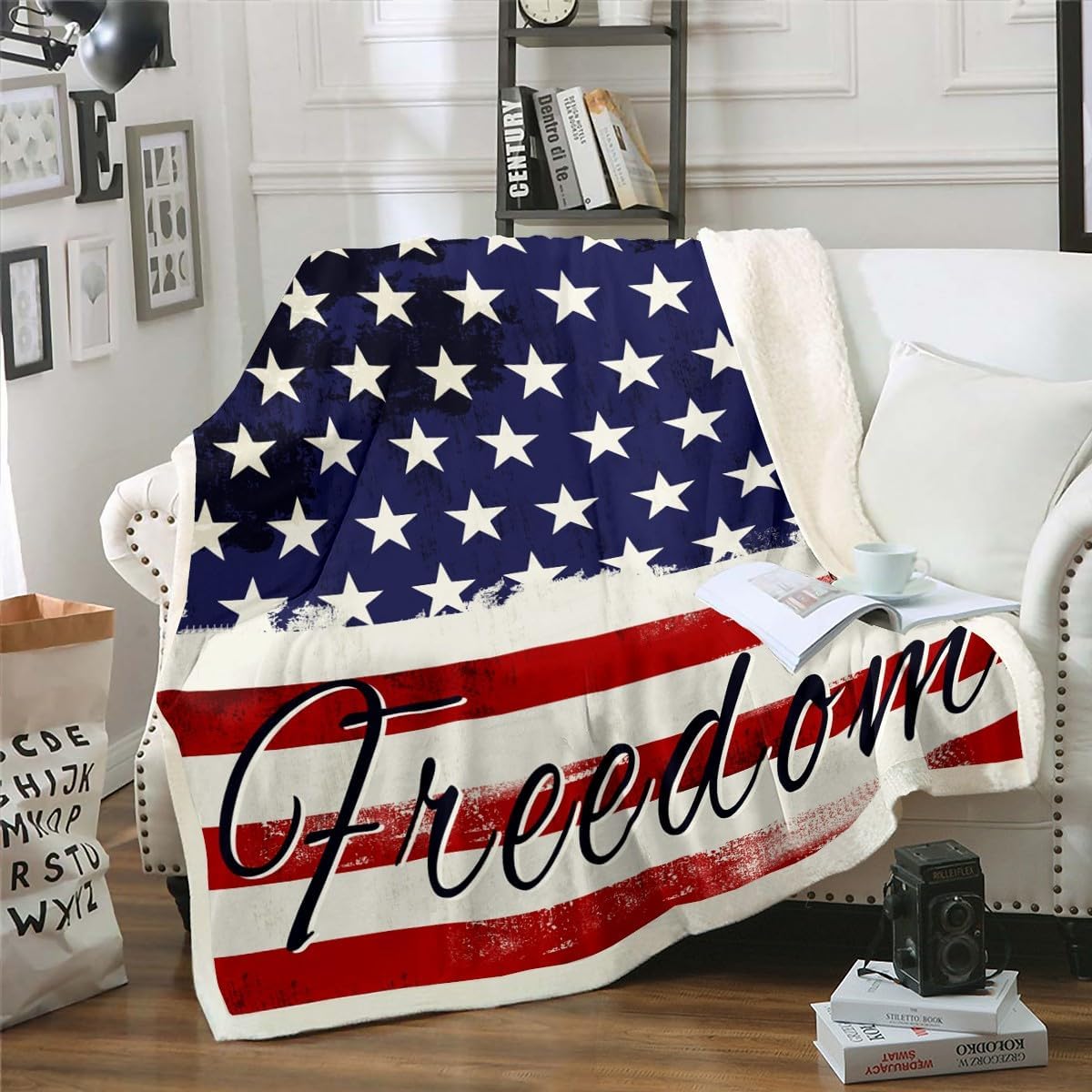 Feelyou 4th July Plush Blanket for Bed Sofa Couch American Flag for Boys Girls, Sherpa Blanket Patriotic Fleece Throw Blanket Vintage Fuzzy Blanket Girls Throw 50"x60"