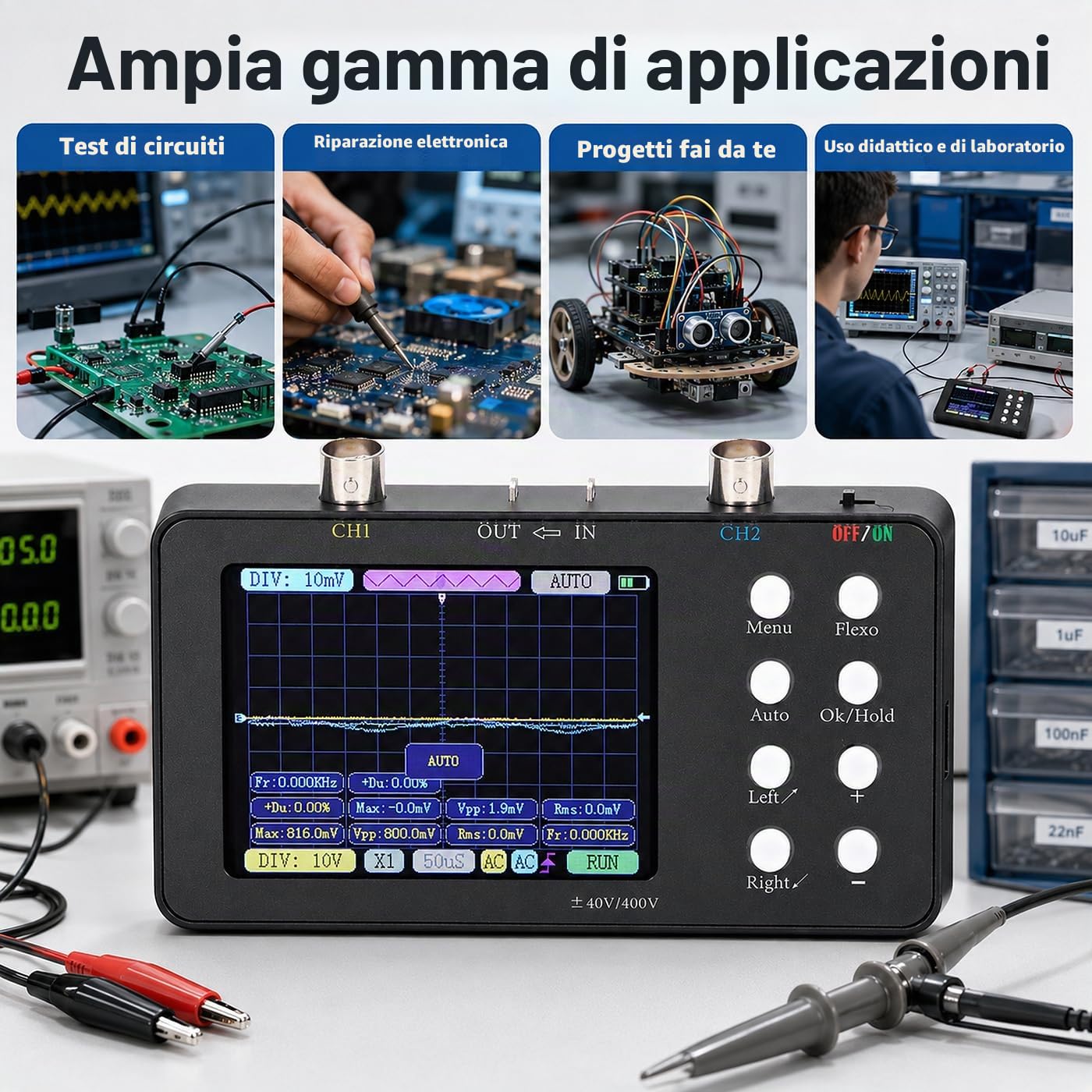 Fyearfly Oscilloscopio A Doppio Canale, Oscilloscopio Digitale Multimetro Generatore di Segnale Portatile A 2 Canali Larghezza di Banda 2 MHz con Display LCD Retroilluminato + Clip A Coccodrillo