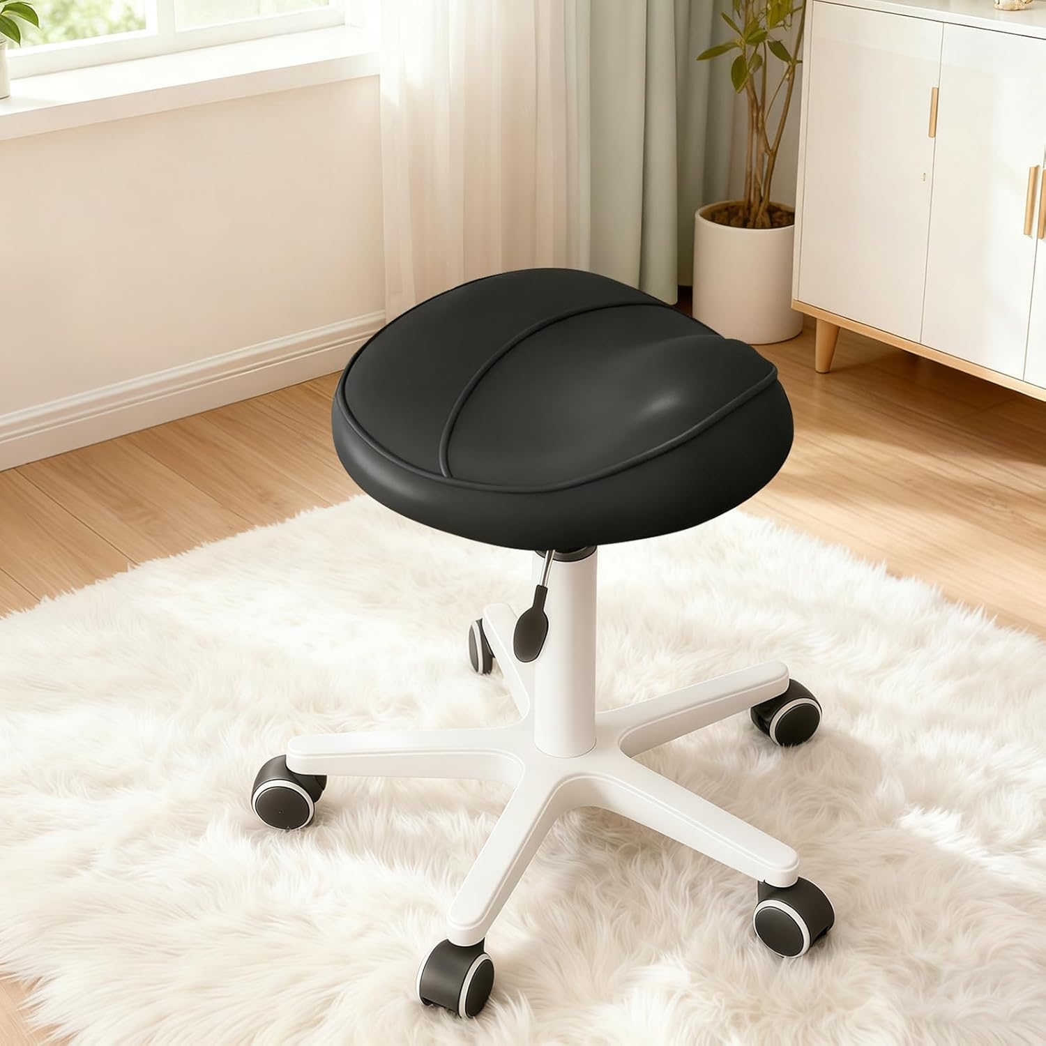 Saddle Stool with Wheels Adjustable Height Swivel Rolling Saddle Chair Thick Padded Seat Ergonomic Chair for Hair Salon, Dental Clinic, Spa, Massage Studio, Office & Home, Black