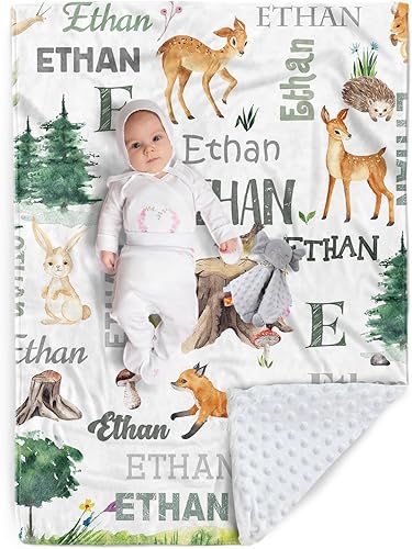 Miniatura 1 de Manta de bebé personalizada, nombre personalizado con diseño de animales del bosque, manta de felpa suave con respaldo punteado de doble capa para