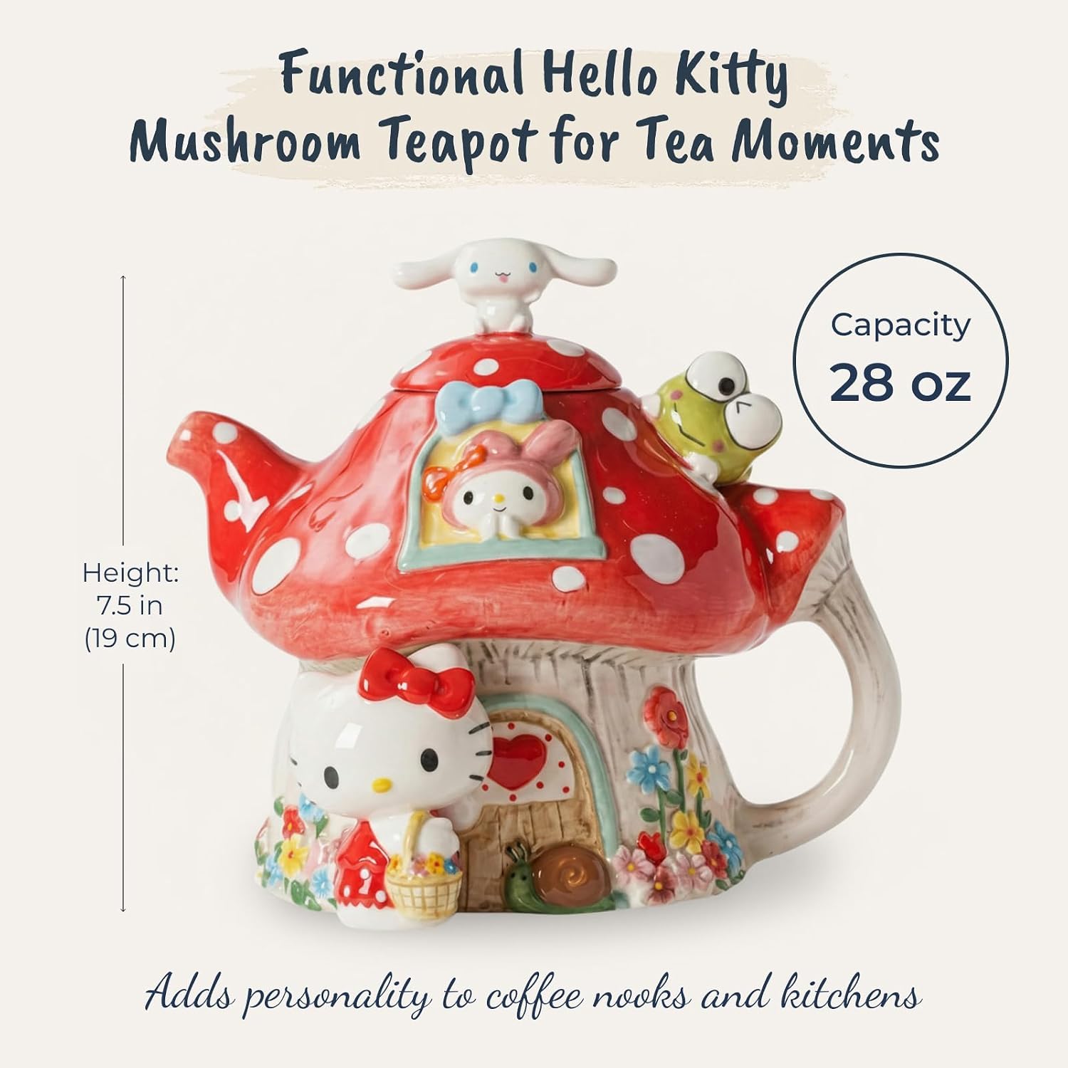 Hello Kitty and Friends Mushroom Teapot, 8.25"L x 7.25"W x 7.5"H created by Blue Sky Clayworks