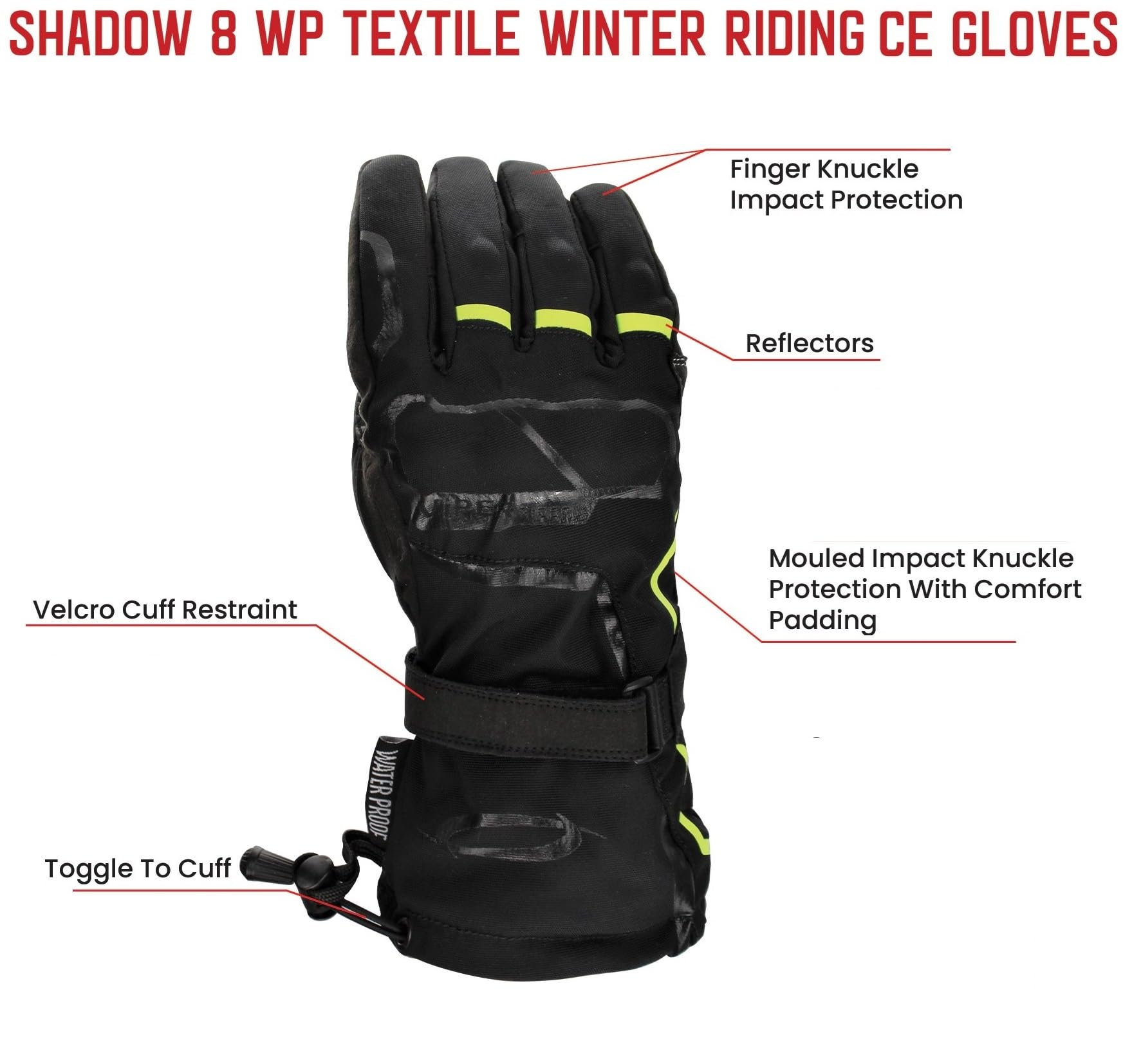 Gants d'hiver shadow-8 -tissu renforcé - moto homologués CE - approuvés CE - gants en cuir imperméable réfléchissant noir, jaune