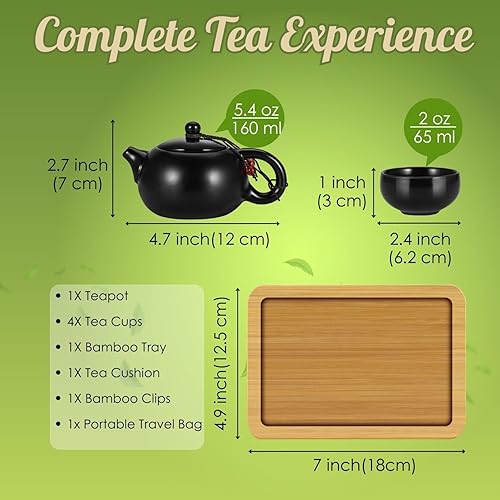 Miniatura 5 de Flexzion Juego de té chino japonés vintage kungfu gongfu tetera portátil de viaje, cafetera de cerámica de porcelana, 4 tazas de té, bandeja de té