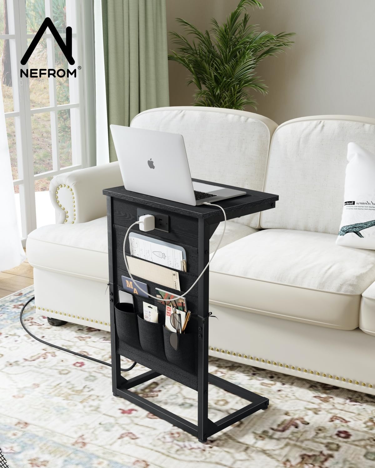 C-Shaped End Tables Set of 2, Small Couch Side Table with Fast-Charging Station, Sofa TV Tray Table with Storage Bag for Living Room, Bedroom, Bedside ET-BK-W2