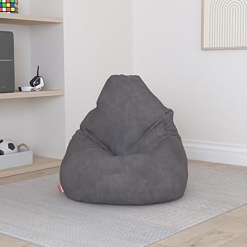 Lounge Pug Highback Gaming Bean Bag Chair, Charcoal Grey, Recliner Gamer Seat, Plush Waffle Texture Pom Pom Fabric, Adult Living Room Bedroom