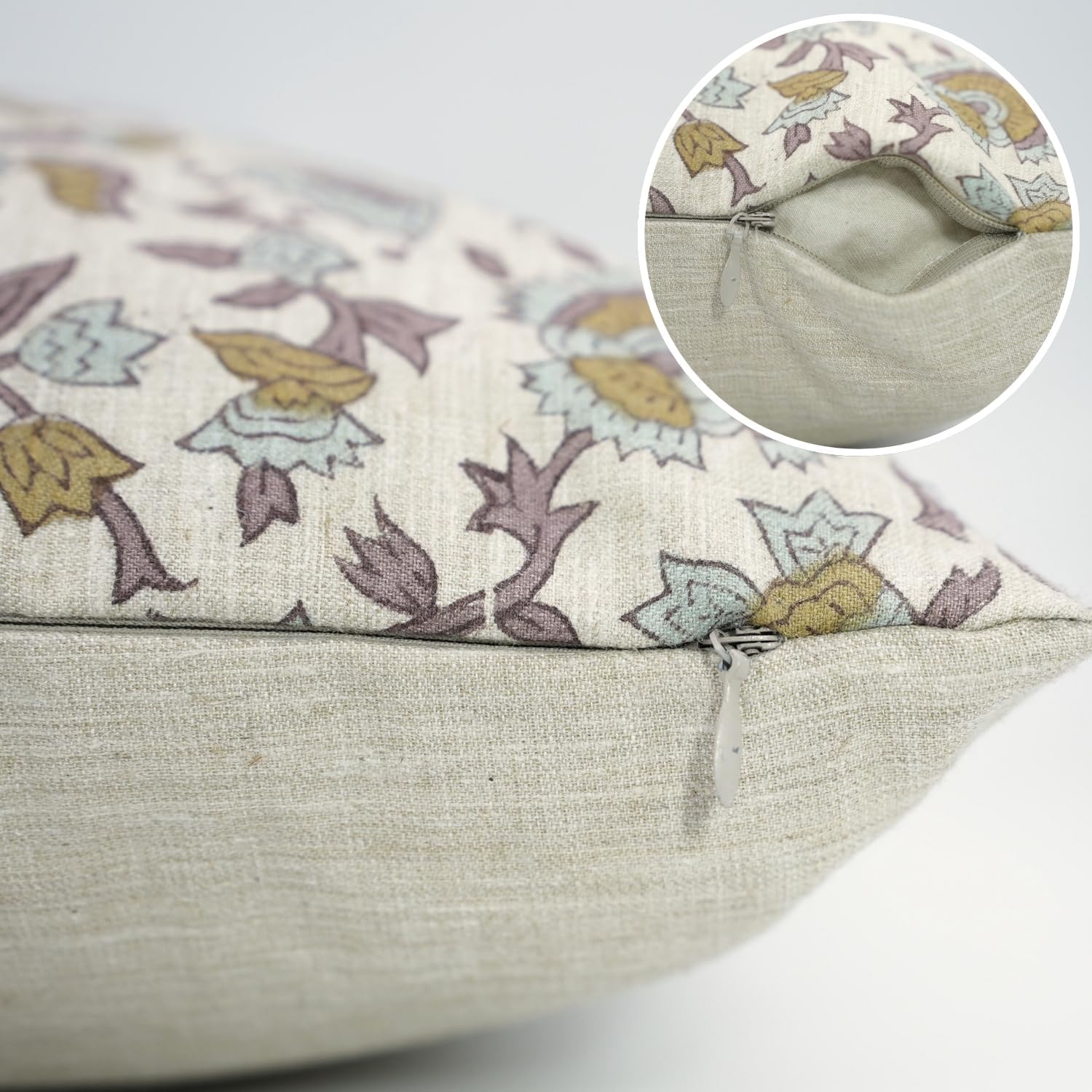 Linen Blend Luxurious Handcraft Purple Floral Print 22x22 Inch Throw Pillow Cover for Home Décor, Bedroom, Living Room, Sofa & Couch-Pushplata