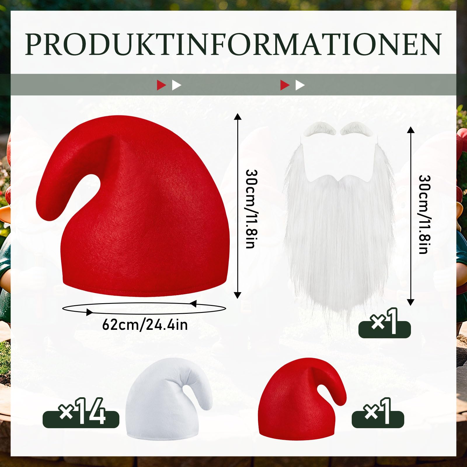 Jadive Zwergenmützen mit Bart und Augenbrauen Elfenhut Zwergen Zipfelmützen Gnome Mütze Wichtelmütze Lustiges Gruppen Kostüm für Karneval Halloween Weihnachten