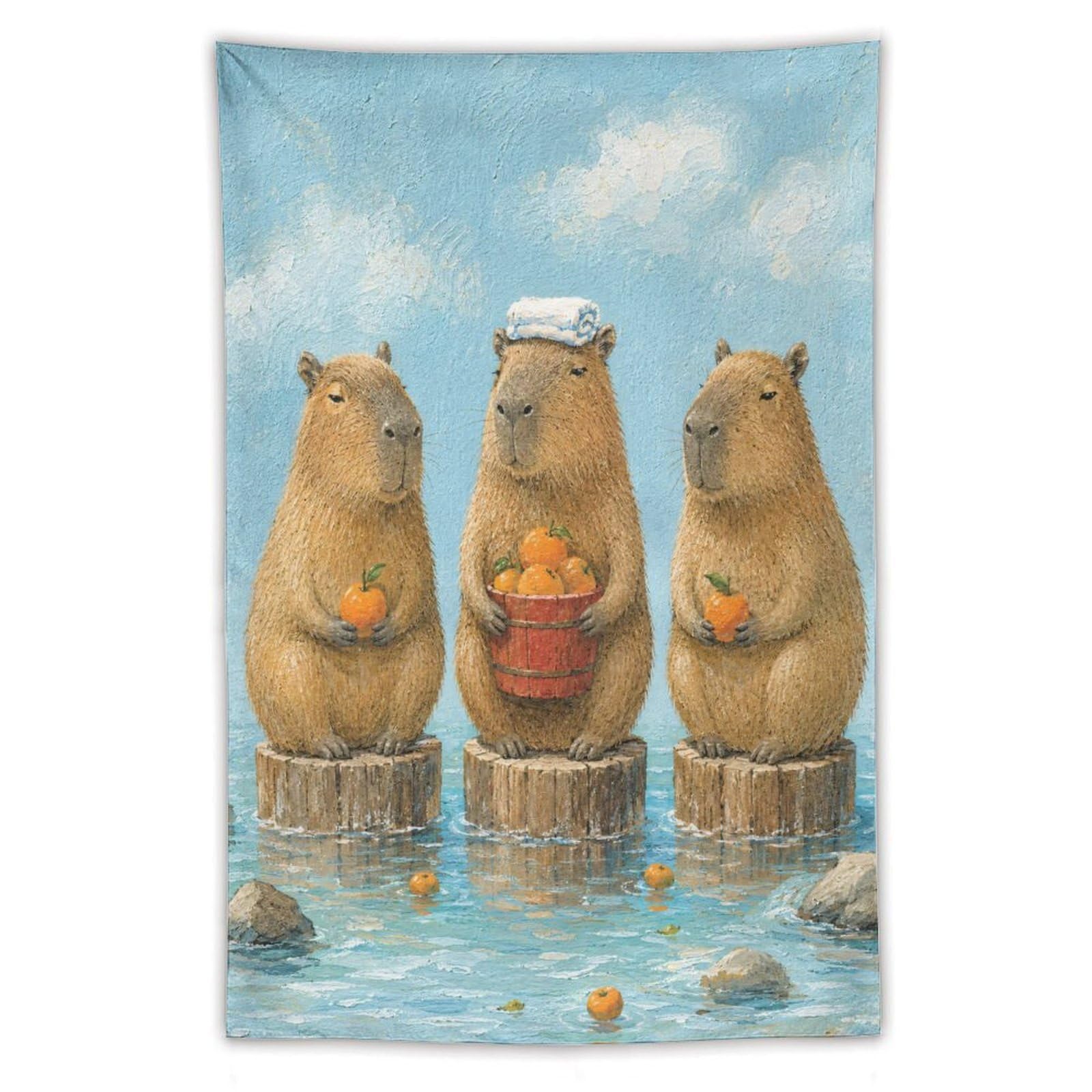 H3B8U2Y5 Capybara Trio with Fruit Wall Tapestry, Whimsical Watercolor