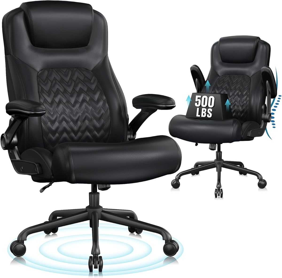 Flysky Executive Ergonomic Office Chair - Big and Tall Office Chair for Heavy People, PU Leather, Lumbar Support, Flip-up Armrest, High Back, Height Adjustable, Black