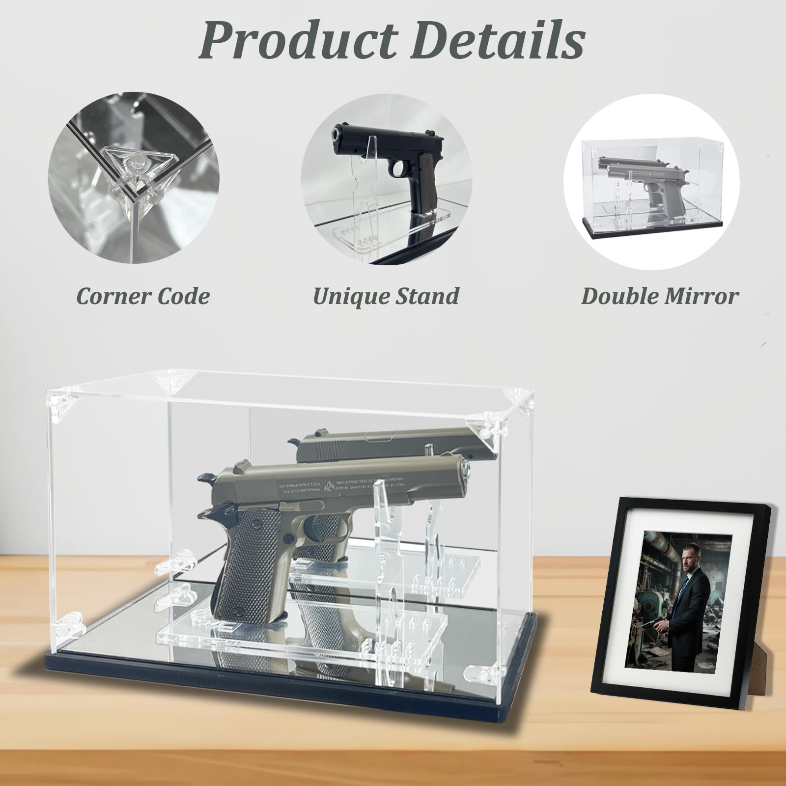 Pistol Display Case, Clear Acrylic Gun Display Case with Pistol Display Stand,Single Handgun Revolver Case with Double Mirror & Black Wood Plastic Base, Dust-Proof&UV Protection for Gun
