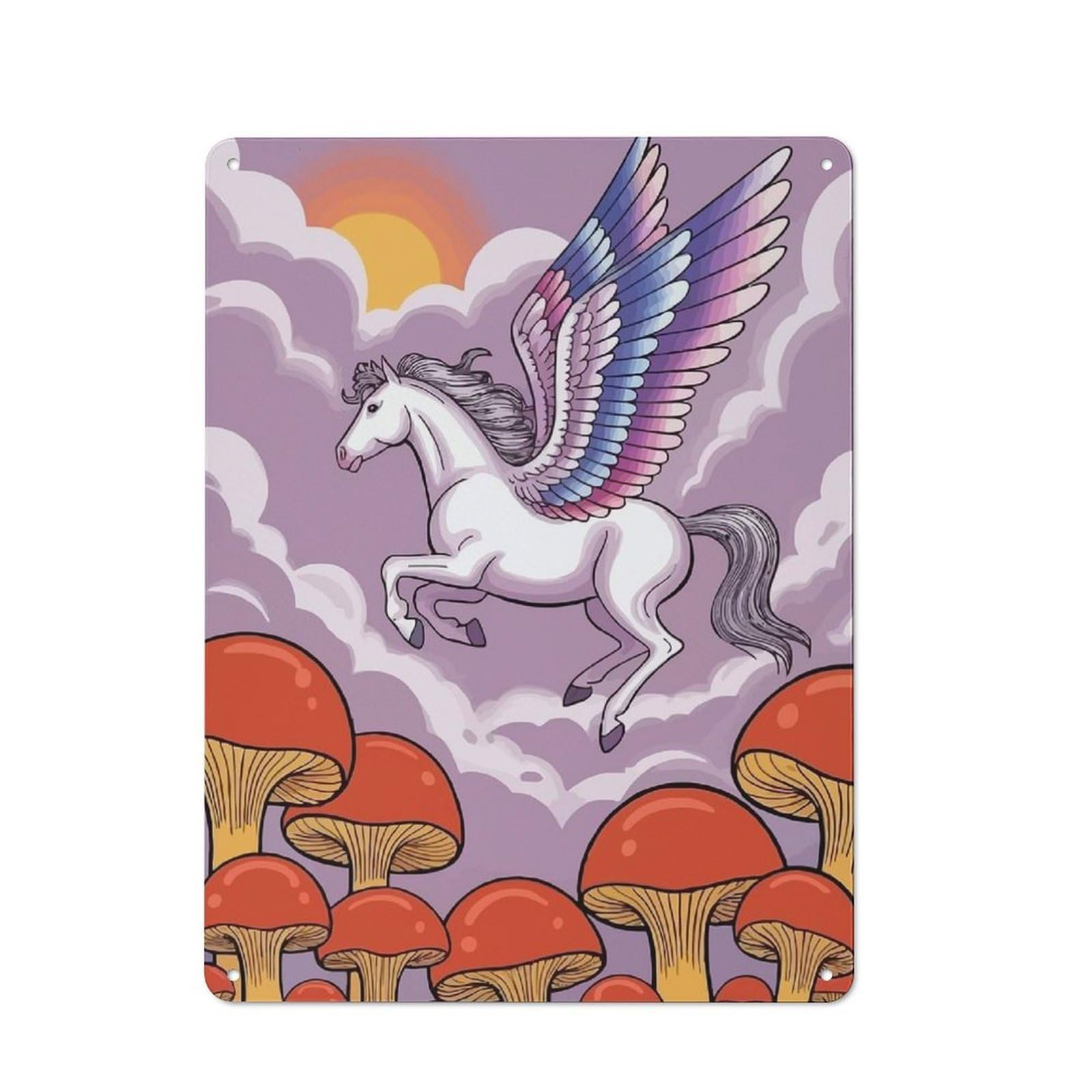 Junmoney Pegasus Flying Over Mushrooms Workshop Style Metal Wall Decor 40X30cm, Decorative Metal Plaque For Garage, Workshop, Shed Or Utility Room