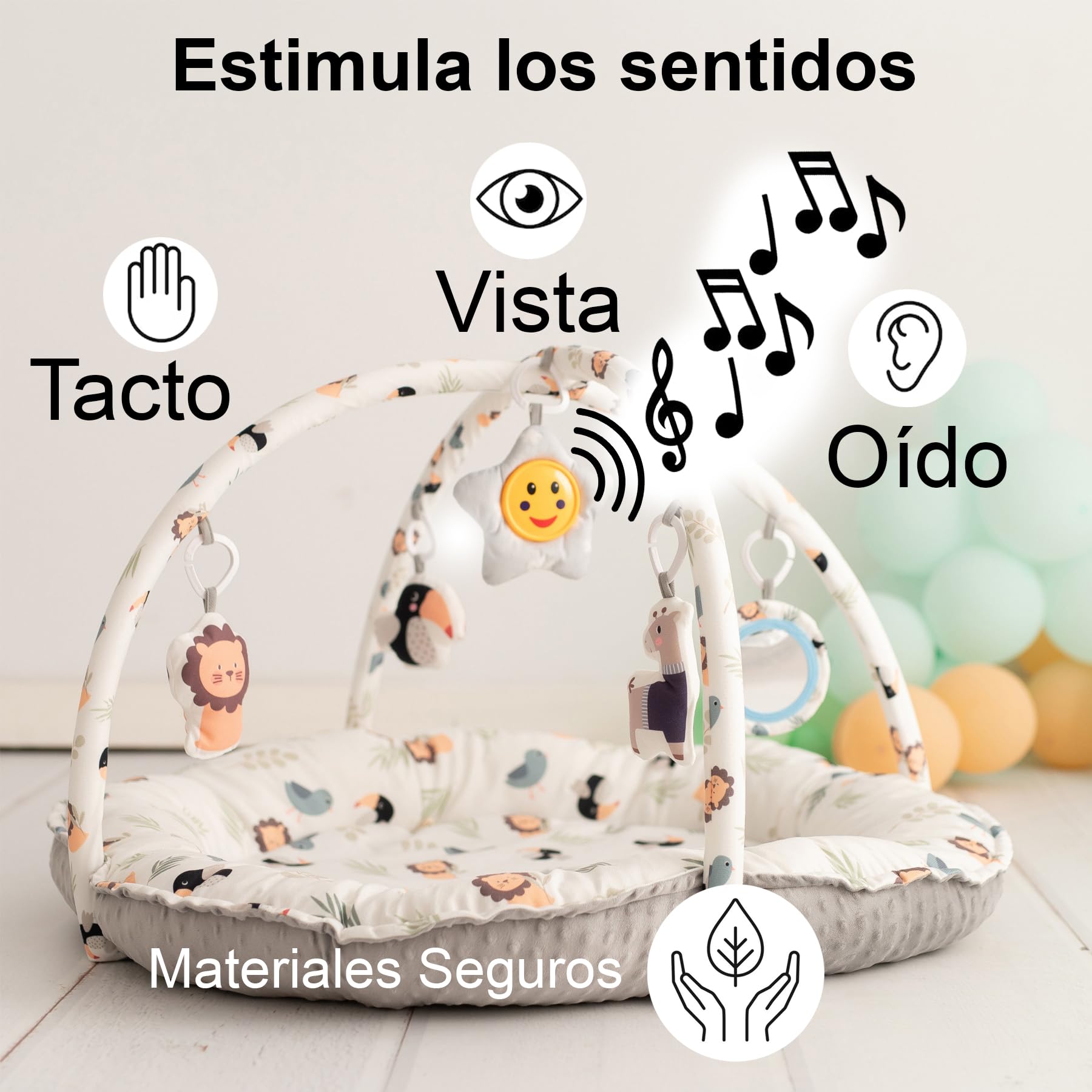 Olmitos - Gimnasio para bebés Multifuncional y Evolutivo con Arcos de juguetes LION, Manta de juegos, Juguetes Colgantes y Música - Estimula el Desarrollo Motor y Sensorial del Bebé