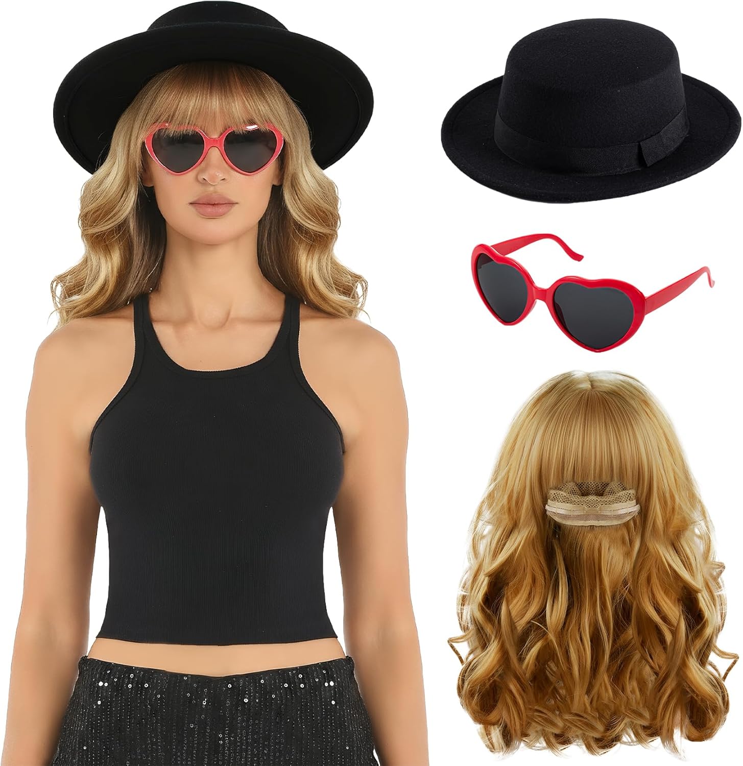 3 Pcs Halloween Singer Costume Accessories Include Blonde Wig Black Bowler Hat Heart Sunglasses for Party Cosplay