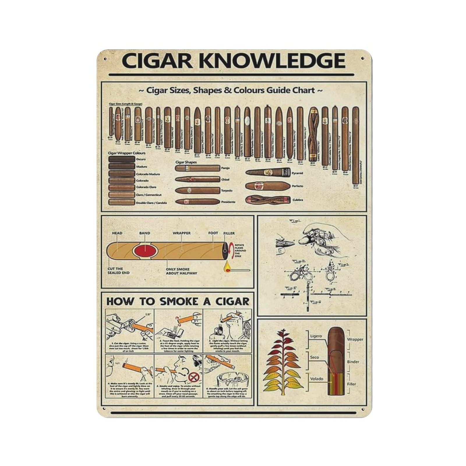 AOOEDM Cigar Knowledge Vintage Tin Sign Metal Tin Signs for Man Cave Funny Art Wall Plaque Kitchen Bar Pub Coffee Shop Wall Decor