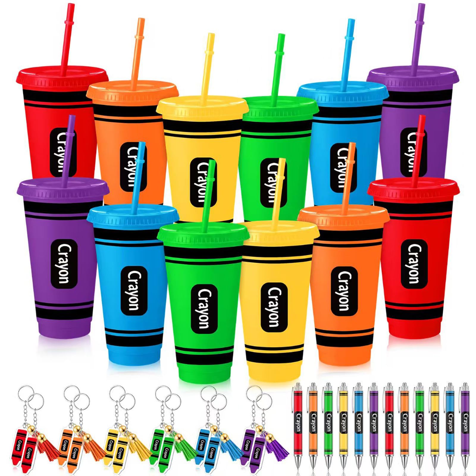 Qinyoung 36 Pcs Back to School Teacher Gifts, Crayon Back to School Gifts, 24 oz Tumbler Cups Ballpoint Pen and Keychain Set for Teachers Party Favors Supplies