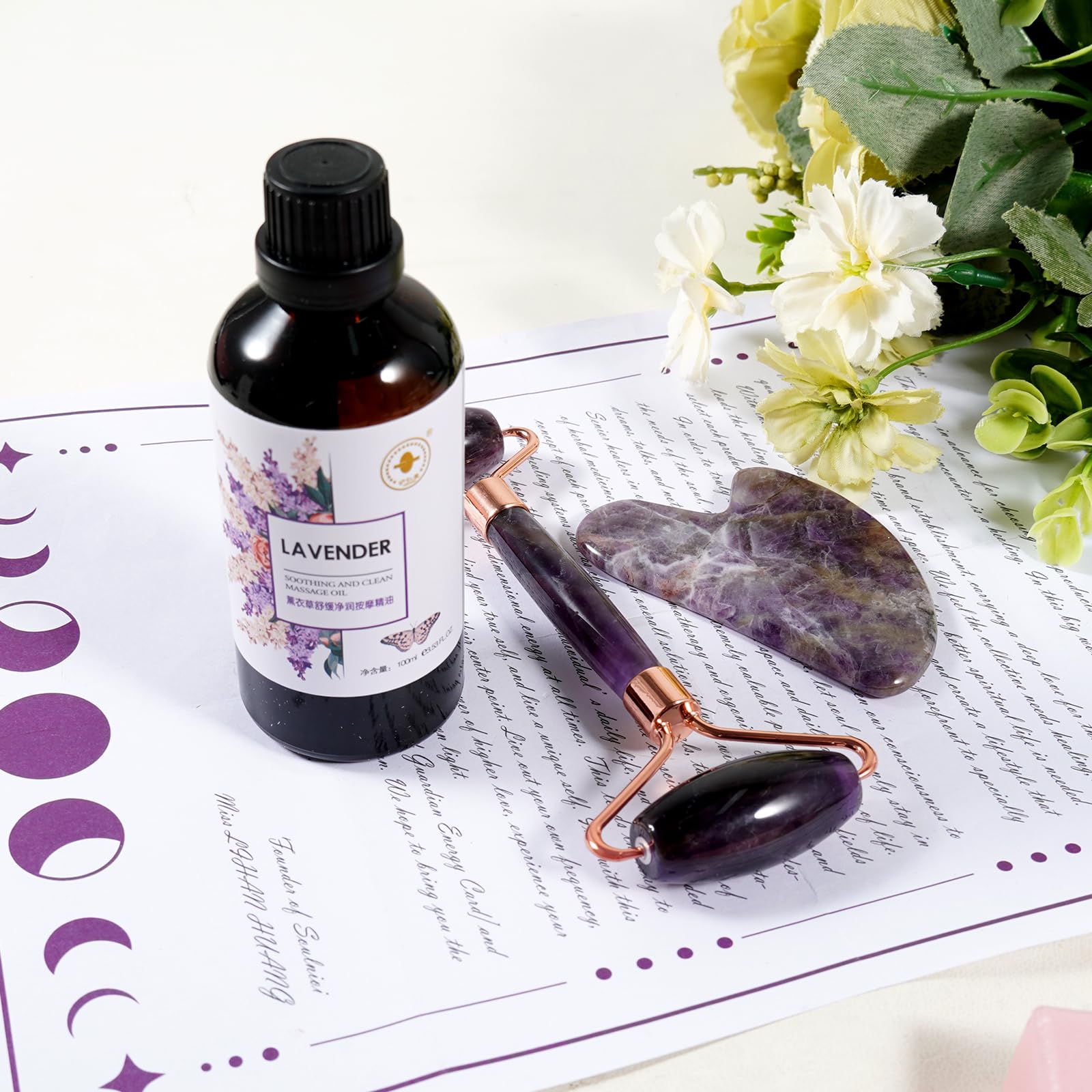 Rouleau de jade améthyste et cœur Gua Sha Kit de grattage pour le visage Outil de soins de la peau Outils de massage Grattoir pour la peau en cristal Ensemble de massage pour les yeux, le