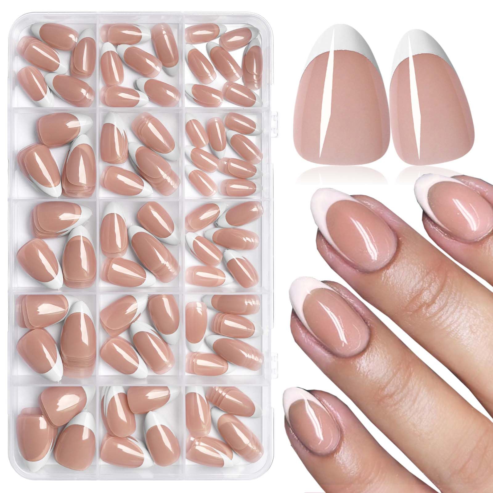 300pc White French Tips Press on Nails Short Almond Fake Nails with Glue Tabs, Short Nails Press ons Nail Square Coffee Acrylic Nails French False