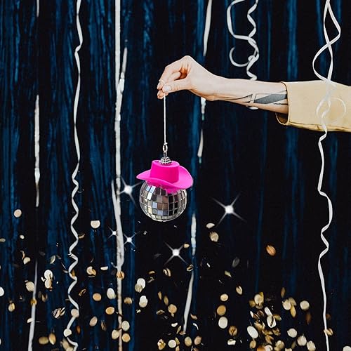 Miniatura 4 de 2 piezas de sombrero de vaquero de bola de discoteca rosa, accesorio para automóvil, bola, dije, accesorios para mujeres, mini auto, adorno de espejo