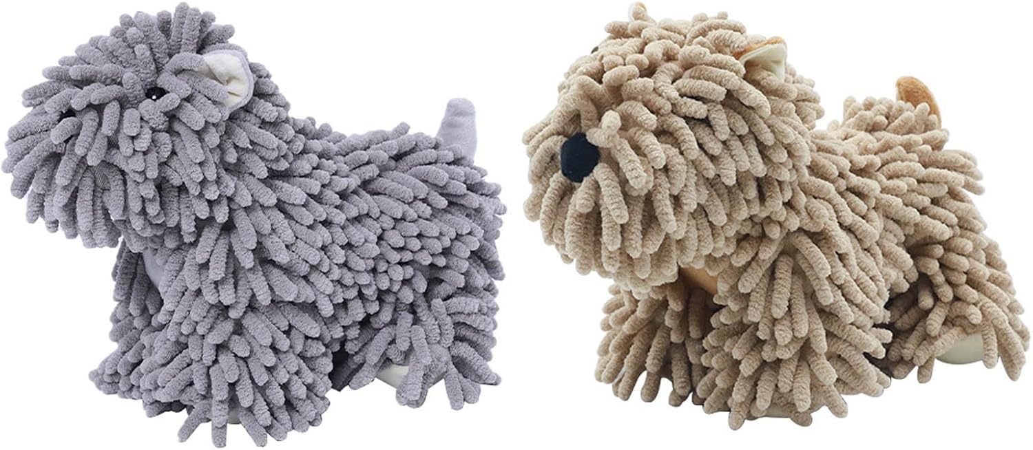 2 PCS Fuzzy Ball Hand Towel,Cartoon Puppy Chenille Hand Towel Plush,Cute Decorative Hand Towels,Hand Towel with Hanging Loop,for Bathroom, Office, Fingerprint Lock Door Handle, Grey+brown