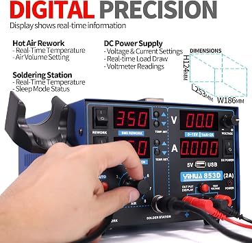 YIHUA 853D 2A USB SMD Hot Air Rework Station Soldering Station, 0-15V DC Power Supply 3 in 1 Station with 5V USB Charging Port and 35V DC Voltmeter for Cellphone and Electronic Rework Repair(UK Plug)