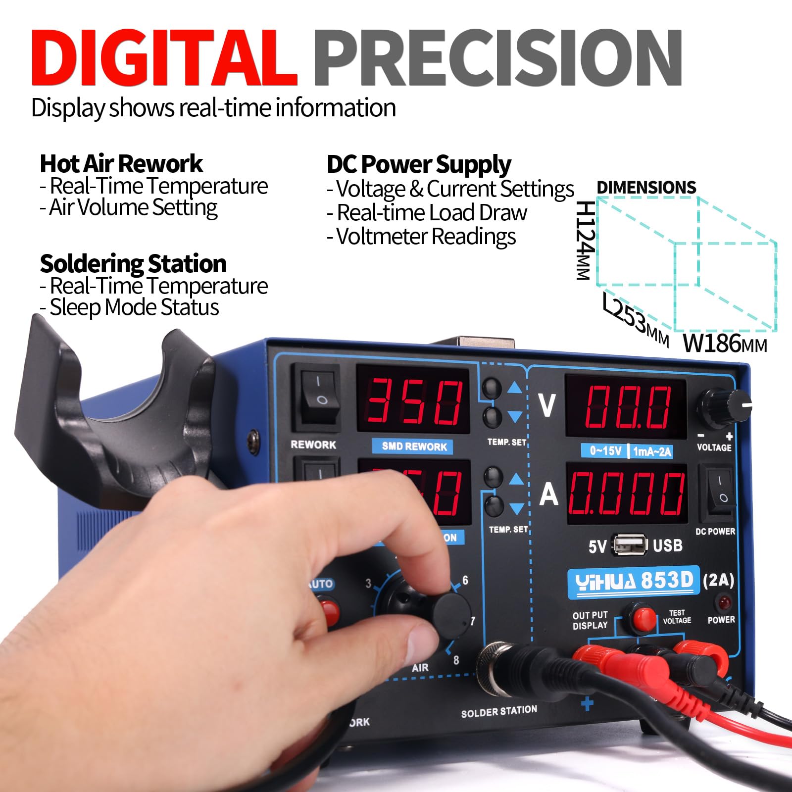YIHUA 853D 2A USB Stazione di saldatura 3 in 1 con alimentatore 0-15V DC e voltmetro 35V DC per riparazione cellulari