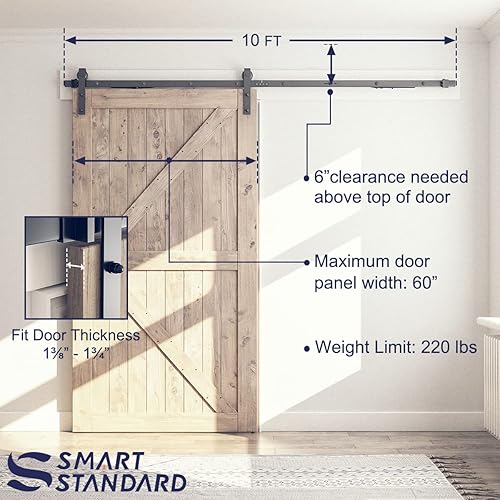 Miniatura 9 de SMARTSTANDARD Kit de herrajes de cierre suave para puerta corrediza de granero de 6 pies, 5 pies a 10 pies, diseño invisible de una sola puerta