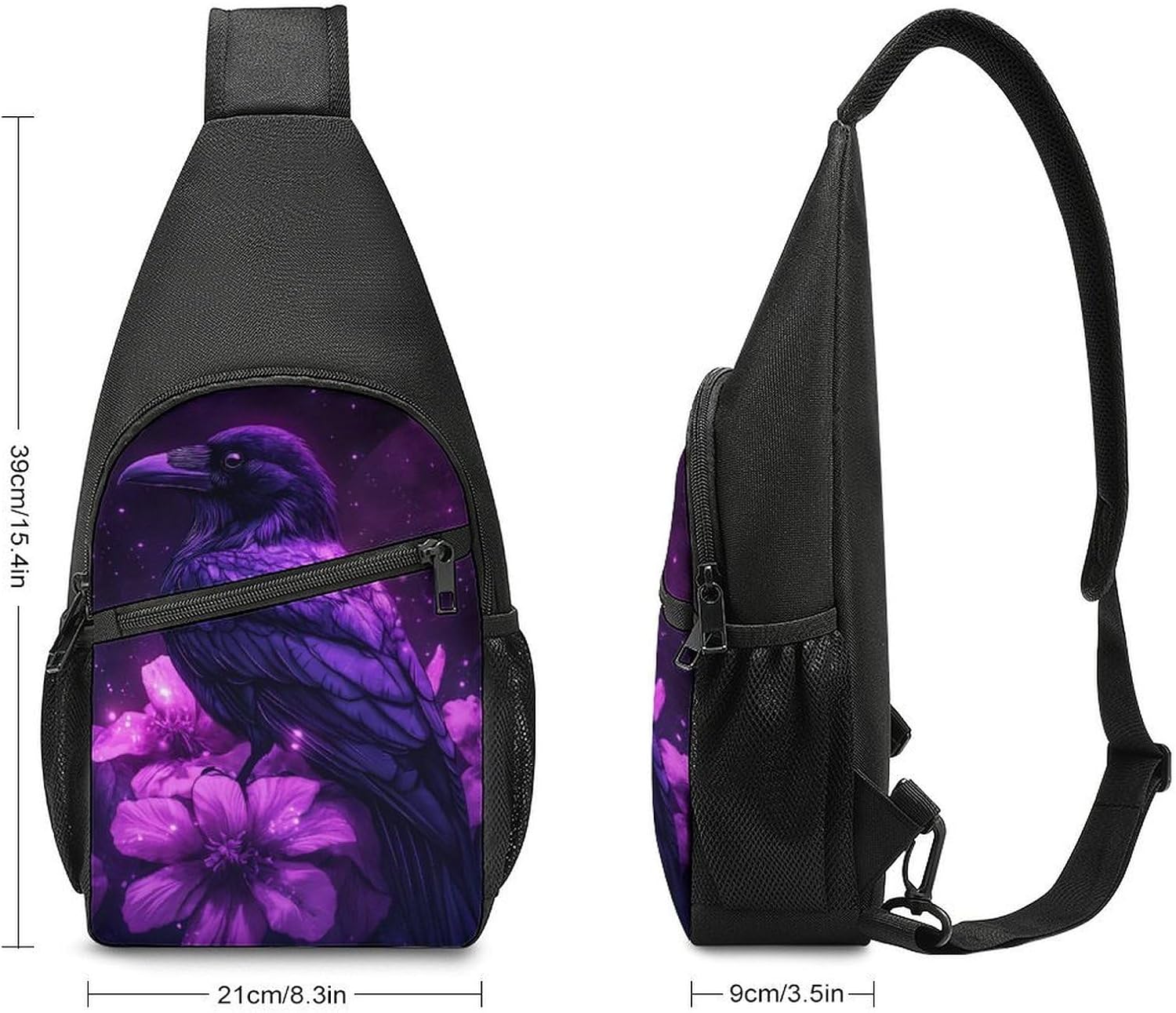 Magic Crow Wizard Black Raven Crossbody Sling Backpack Chest Bag Daypack | unisex,trendy,with convertible and detachable shoulder strap,side pockets