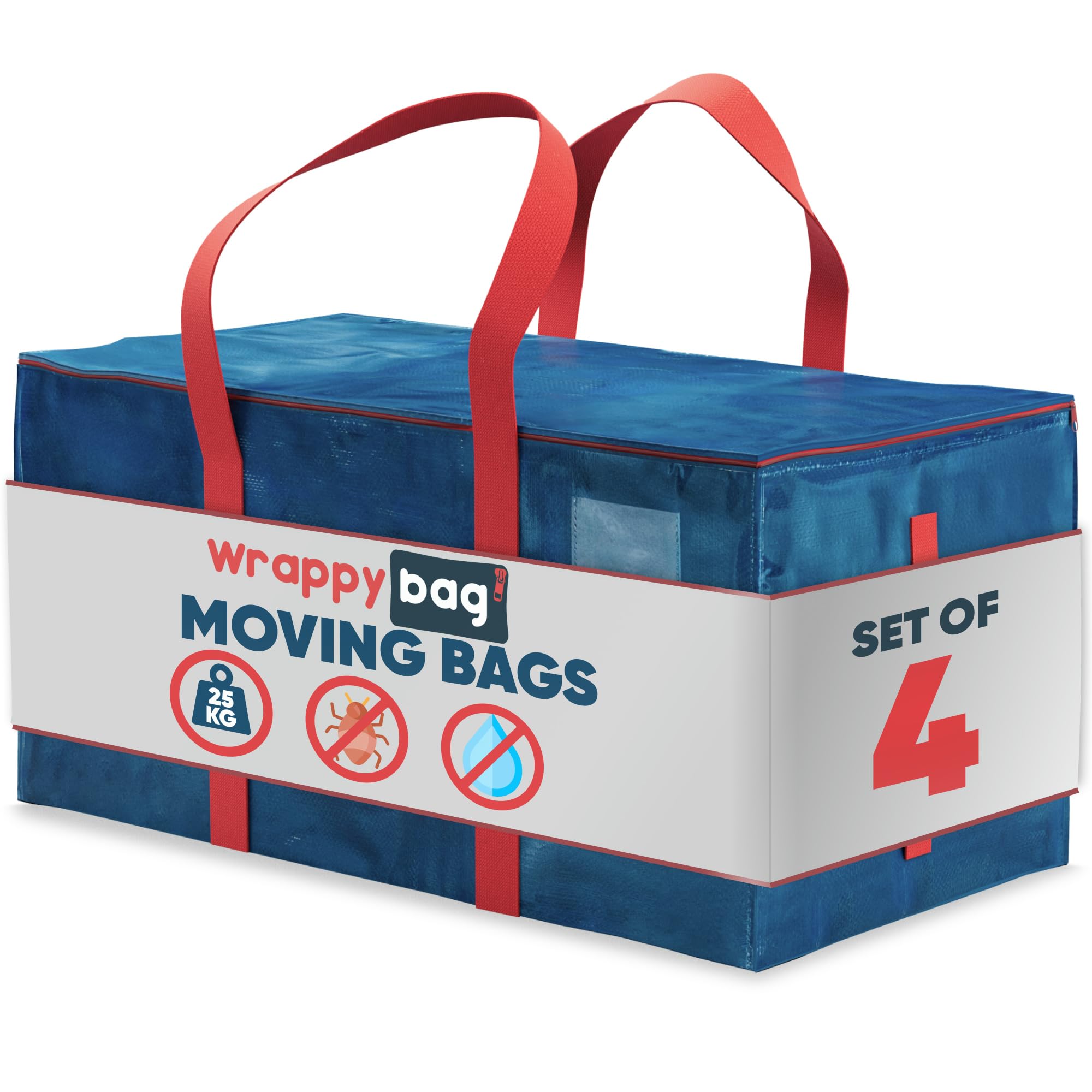 Wrappybag Blue Pack Of 4 Xxl Storage Bags - Large Size Bag For House Moves Or Travel - Solid, Thick And Airtight Bag With Reinforced Handles - Clothes/Duvet/Cushion - 75 X 36 X 38 Cm