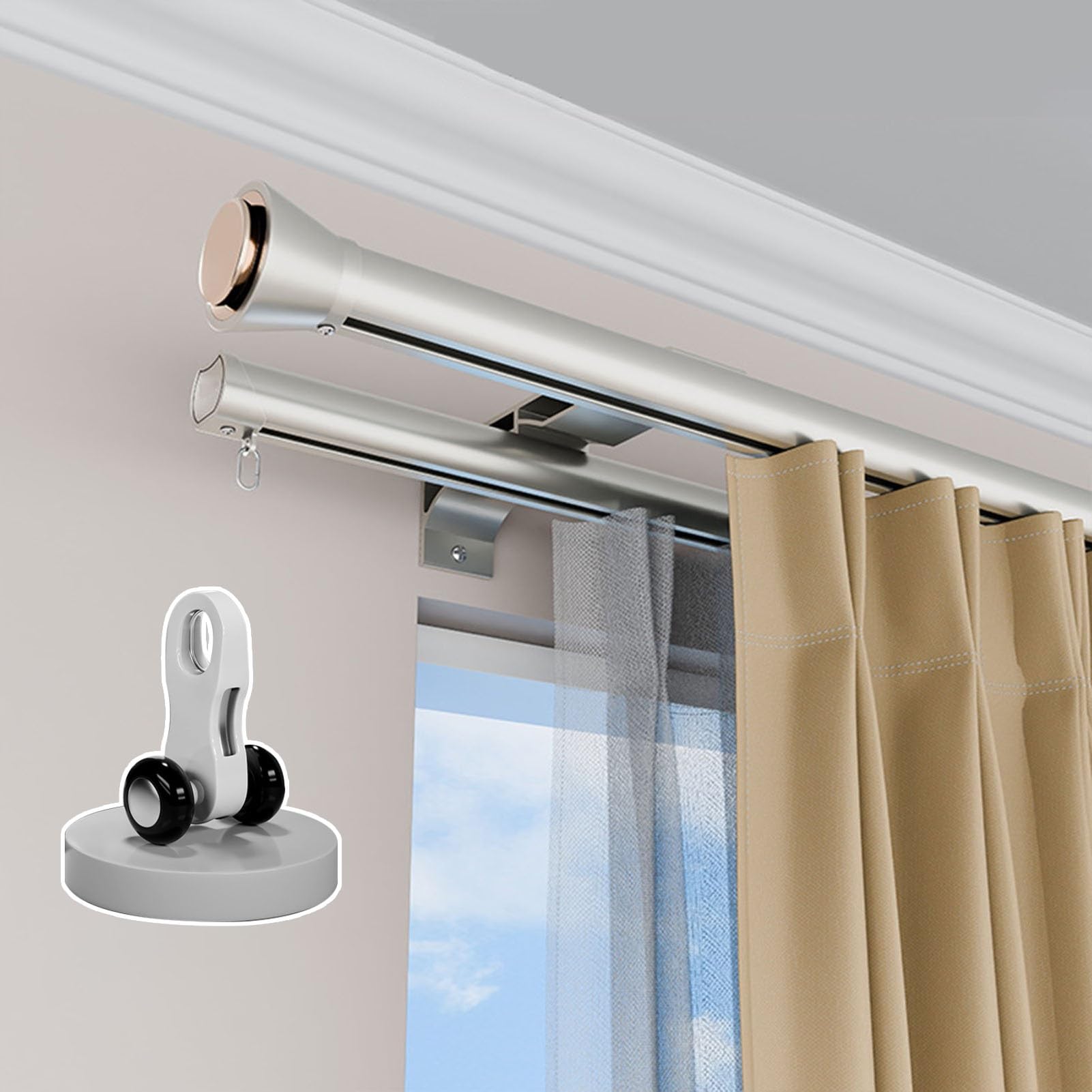Tringle à rideaux double robuste en aluminium pour suspendre deux voiles